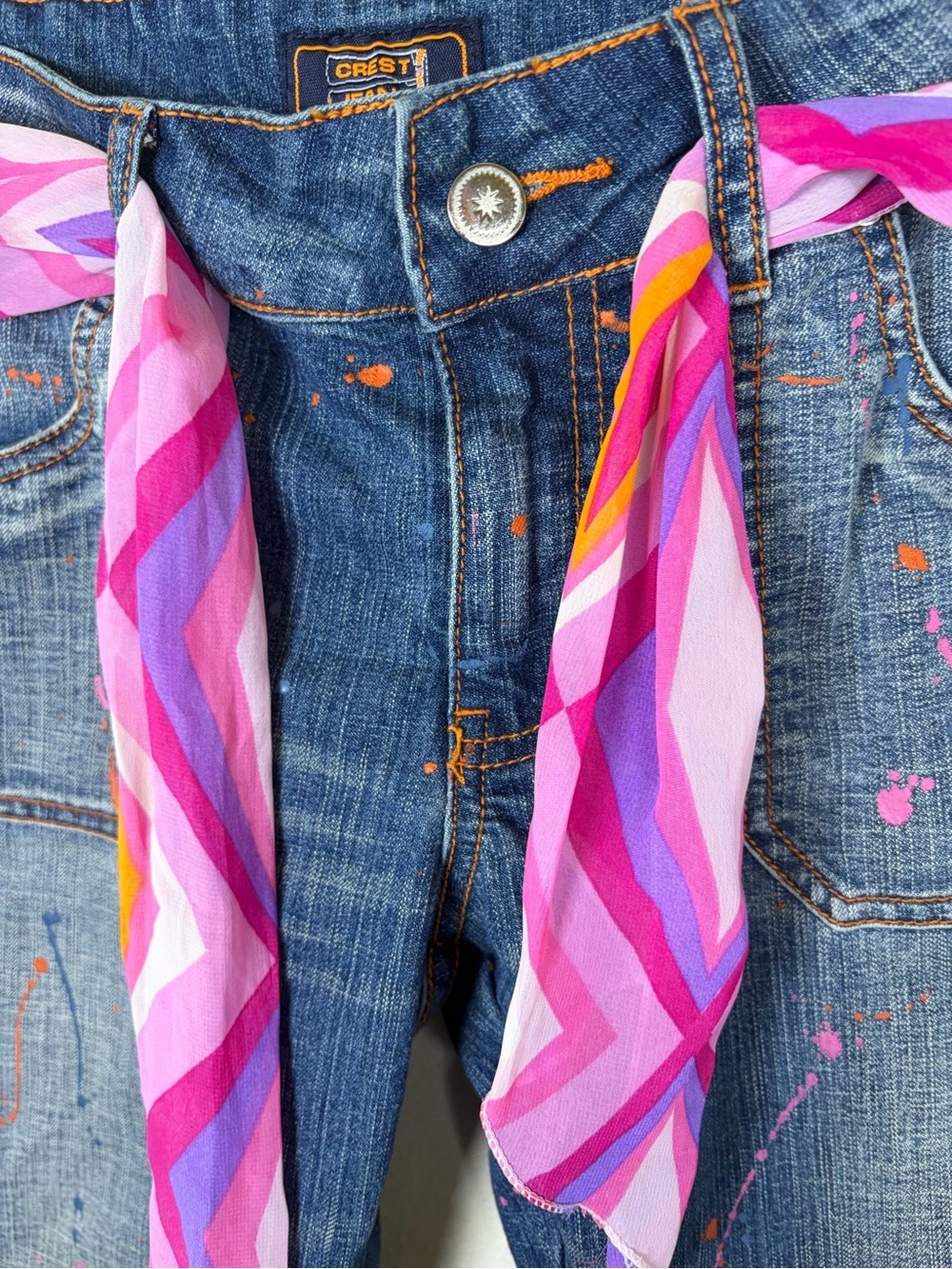 Crest Jeans Y2K Paint Splatter Flare Jeans Scarf Belt Size 11/12 - Picture 5 of 11